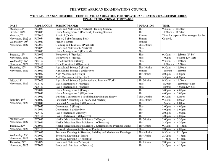 WAEC GCE Timetable for 2022 October/ November Second Series