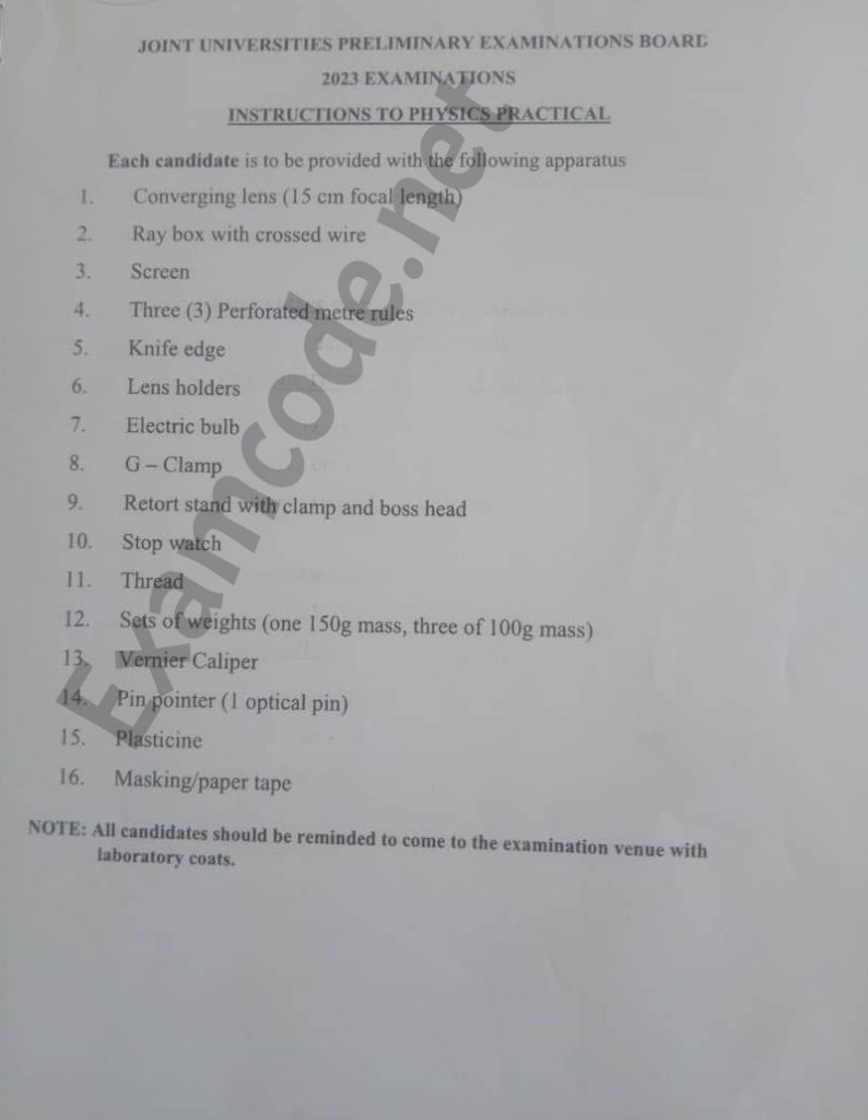 2023 jupeb physics practical specimen