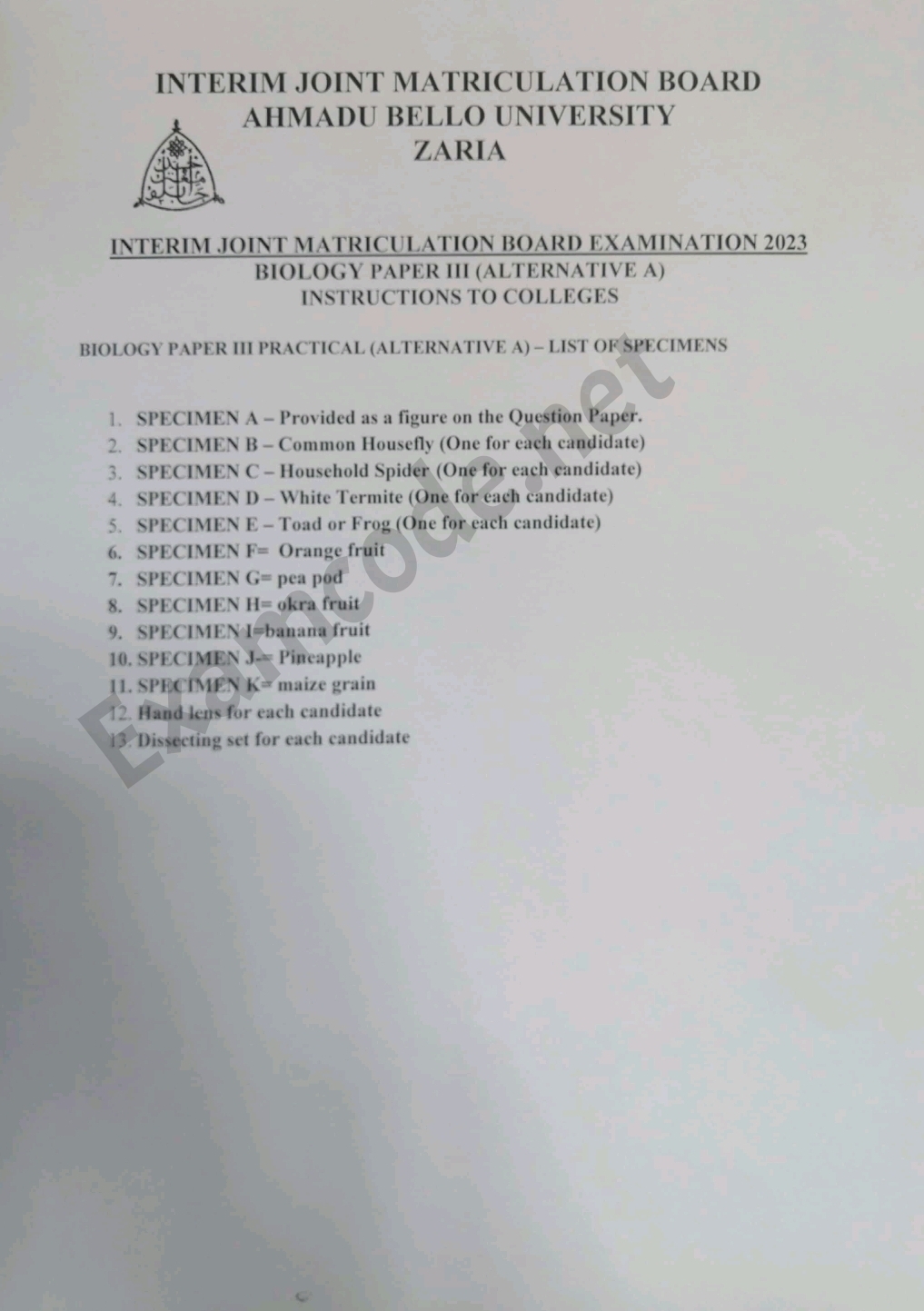 IJMB Practical Specimen and Instructions to Schools for 2022/2023